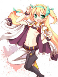 Rule 34 | 1girl, arc system works, asymmetrical clothes, asymmetrical legwear, azrael (blazblue), azrael (blazblue) (cosplay), azrael (cosplay), belt, blazblue, blazblue: continuum shift, blonde hair, blush, bow, cape, cosplay, fang, godharo1, green eyes, hair bow, hairband, heart, heart-shaped pupils, jacket, jacket on shoulders, long hair, low-tied long hair, midriff, navel, open mouth, platinum the trinity, quad tails, ribbon, smile, solo, symbol-shaped pupils, twintails, two side up, uneven legwear, very long hair