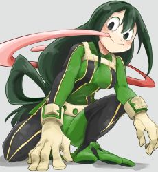 Rule 34 | 10s, 1girl, asui tsuyu, black eyes, bodysuit, boku no hero academia, breasts, frog girl, gloves, green bodysuit, green hair, hair rings, highres, long hair, long tongue, medium breasts, on one knee, simple background, solo, thighhighs, tongue, tongue out, very long tongue, vorupi