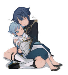Rule 34 | 2boys, bishounen, blue eyes, blue hair, child, chinese clothes, chongyun (genshin impact), closed eyes, full body, genshin impact, highres, holding person, male focus, multiple boys, nakura hakuto, one eye closed, open mouth, shoes, simple background, sitting, sitting on lap, sitting on person, socks, white background, xingqiu (genshin impact)