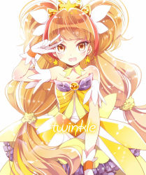 Rule 34 | 1girl, alternate eye color, amanogawa kirara, ayumaru (art of life), brown eyes, brown hair, character name, cowboy shot, cure twinkle, earrings, gloves, go! princess precure, jewelry, long hair, low-tied long hair, magical girl, multicolored hair, precure, quad tails, red hair, simple background, skirt, smile, solo, star (symbol), star earrings, streaked hair, twintails, two-tone hair, v, white background, white gloves, yellow skirt
