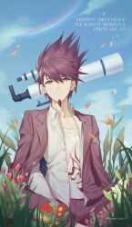 Rule 34 | 1boy, absurdres, buttons, character name, collarbone, danganronpa (series), danganronpa v3: killing harmony, dated, ewa (seraphhuiyu), flower, grass, hair between eyes, happy birthday, highres, jacket, male focus, momota kaito, open clothes, open jacket, open shirt, outdoors, pink eyes, pink hair, pink jacket, pink patns, print shirt, red flower, shirt, solo, space print, spiked hair, starry sky print, teeth, white shirt, yellow flower
