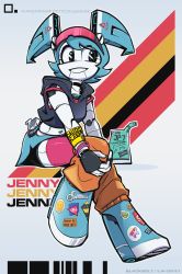 Rule 34 | 1girl, absurdres, android, black hoodie, blackbolt lonewolf, blue eyes, blue hair, blue skirt, fingerless gloves, gas can, gloves, highres, hood, hoodie, humanoid robot, jenny wakeman, jet engine, joints, leg warmers, looking to the side, my life as a teenage robot, orange legwear, robot, robot joints, skirt, smile, sticker, twintails, white hair