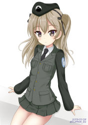 Rule 34 | 1girl, arm support, beret, black hat, black jacket, black necktie, breast pocket, breasts, brown eyes, brown hair, closed mouth, collared shirt, commentary request, dated, emblem, fingernails, flipper, girls und panzer, green skirt, hair between eyes, hat, jacket, long hair, long sleeves, necktie, one side up, pleated skirt, pocket, selection university military uniform, shimada arisu, shirt, skirt, sleeves past wrists, small breasts, solo, twitter username, white background, white shirt