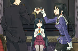 Rule 34 | 10s, 1boy, 2girls, admiral (kancolle), alcohol, bad id, bad pixiv id, black hair, cup, drinking, drinking glass, drinking straw, gloves, hair over one eye, hayashimo (kancolle), kantai collection, long hair, military, military uniform, multiple girls, nachi (kancolle), naval uniform, out of frame, pallad, pantyhose, school uniform, side ponytail, sitting, toasting (gesture), uniform