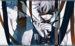 Rule 34 | 2boys, bare shoulders, black hair, bluesy, closed mouth, covered eyes, facing viewer, goggles, grey hair, hatake kakashi, high collar, highres, holding, holding goggles, lips, looking down, male focus, multiple boys, naruto (series), profile, scar, scar across eye, short hair, sleeveless, spiked hair, uchiha obito