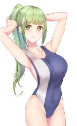 Rule 34 | 1girl, :&lt;, arms behind head, blonde hair, blue one-piece swimsuit, breasts, collarbone, competition swimsuit, covered navel, green hair, highres, large breasts, long hair, okamired, one-piece swimsuit, original, ponytail, sideboob, simple background, solo, swimsuit, white background
