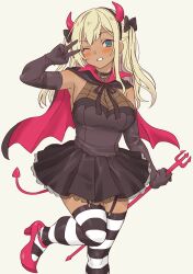 Rule 34 | 1girl, ;d, absurdres, black dress, black gloves, blush, breasts, cape, cosplay, daipunch, dark-skinned female, dark skin, demon tail, dress, elbow gloves, fake horns, garter straps, gloves, gyaru, halloween, high heels, highres, holding, holding weapon, horns, looking at viewer, medium breasts, one eye closed, open mouth, original, red cape, simple background, smile, standing, standing on one leg, striped clothes, striped thighhighs, tail, tan, thighhighs, v, weapon