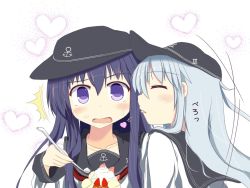 Rule 34 | ^^^, 10s, 2girls, akatsuki (kancolle), anchor symbol, blush, commentary request, closed eyes, licking another&#039;s face, flat cap, food, food on face, hat, heart, heart background, hibiki (kancolle), ice cream, ice cream on face, kantai collection, licking, long hair, multiple girls, open mouth, purple eyes, purple hair, school uniform, serafuku, silver hair, simple background, spoon, surprised, yuri, yuu (alsiel)