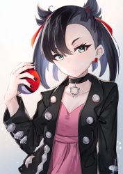 Rule 34 | 1girl, asymmetrical bangs, black choker, black hair, black jacket, black nails, breasts, choker, commentary request, creatures (company), dress, earrings, fingernails, game freak, gradient background, green eyes, grey background, hair between eyes, hair ribbon, hand up, highres, holding, holding poke ball, jacket, jewelry, long hair, long sleeves, looking at viewer, marnie (pokemon), nail polish, nintendo, open clothes, open jacket, pink dress, poke ball, poke ball (basic), pokemon, pokemon swsh, red ribbon, ribbon, small breasts, solo, tapioka (oekakitapioka), twintails, upper body, white background