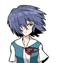 Rule 34 | 1girl, ayanami rei, blue hair, commentary, hair blowing, looking to the side, neon genesis evangelion, red eyes, red ribbon, ribbon, sashimi (sasihmi), school uniform, short hair, simple background, solo, tagme, tokyo-3 middle school uniform, upper body, white background, wind