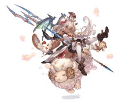 Rule 34 | 1girl, animal, bare shoulders, bird, boots, bow, bowtie, breasts, chicken, dark-skinned female, dark skin, dog, dragon, full body, granblue fantasy, hair ornament, holding, holding weapon, horns, knee pads, long hair, looking at viewer, medium breasts, minaba hideo, monkey, official art, pleated skirt, polearm, red eyes, sheep, sheep horns, skirt, smile, solo, thighhighs, transparent background, weapon, wide sleeves, zettai ryouiki, zooey (granblue fantasy)