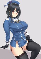 Rule 34 | 10s, 1girl, black gloves, black hair, black thighhighs, blush, breasts, garter straps, gloves, hat, huge breasts, jpeg artifacts, kantai collection, looking at viewer, military, military uniform, no panties, open mouth, personification, red eyes, short hair, solo, takao (kancolle), thighhighs, uniform, zonda (solid air)