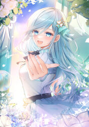 1girl absurdres ascot belt black_ascot black_belt blue_eyes blue_hair clover_print commentary dress falling_petals flower frilled_dress frills hair_ornament heart heart_print highres hinomori_shizuku light_particles looking_at_viewer mairu003 open_mouth petals project_sekai reaching reaching_towards_viewer sidelocks simple_butterfly smile solo swept_bangs white_dress white_flower