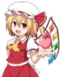 Rule 34 | 1girl, ascot, bad id, bad pixiv id, blonde hair, commentary, enushi (toho193), fang, flandre scarlet, hat, hat ribbon, heart, highres, looking at viewer, mob cap, open mouth, puffy short sleeves, puffy sleeves, red eyes, red ribbon, ribbon, short hair, short sleeves, side ponytail, solo, touhou, wings, yellow ascot