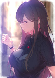Rule 34 | 1girl, black sweater, blurry, blurry background, breasts, brown hair, closed mouth, contemporary, duplicate, expressionless, flower, flower necklace, granblue fantasy, hand up, highres, jewelry, kakage, large breasts, long hair, looking at hand, multicolored hair, nail polish, necklace, pink hair, purple eyes, red flower, rosetta (granblue fantasy), short sleeves, solo, sunlight, sweater, turtleneck, upper body, vignetting, waiting, watch