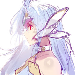 Rule 34 | 1girl, bare shoulders, blue hair, collar, collarbone, forehead protector, kos-mos, long hair, negresco, nintendo, profile, red eyes, sketch, solo, white background, wind, xenoblade chronicles (series), xenoblade chronicles 2, xenoblade chronicles (series), xenoblade chronicles 2