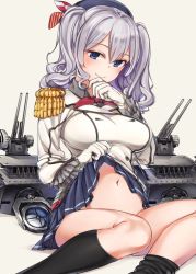 Rule 34 | 10s, 1girl, bad id, bad twitter id, beret, black socks, blue eyes, blush, breasts, buttons, clothes lift, double-breasted, epaulettes, female focus, gloves, hat, kantai collection, kashima (kancolle), kneehighs, large breasts, looking at viewer, megumoke, military, military uniform, miniskirt, navel, pleated skirt, sitting, skirt, skirt lift, smile, socks, solo, turret, twintails, uniform, white gloves