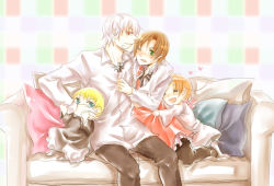 Rule 34 | 4boys, ^ ^, aged down, ahoge, alternate costume, apron, axis powers hetalia, bad id, bad pixiv id, blonde hair, blue eyes, blush, bow, bowtie, brothers, brown hair, chibitalia (hetalia), child, closed eyes, couch, covering own mouth, cross, crossdressing, frills, frown, green eyes, hair intakes, happy, heart, holy roman empire (hetalia), hug, iron cross, long sleeves, looking at viewer, male focus, multiple boys, northern italy (hetalia), one eye closed, open mouth, orange hair, pants, pantyhose, parted bangs, pillow, prussia (hetalia), red eyes, ribbon, sekimo, siblings, smile, socks, southern italy (hetalia), tears, time paradox, white hair, wink