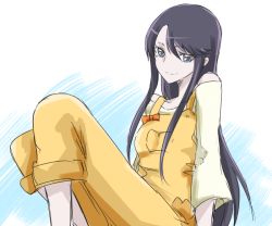 Rule 34 | 1girl, blue eyes, cosplay, crossover, eyelashes, happinesscharge precure!, happy, heartcatch precure!, long hair, looking at viewer, oomori yuuko, oomori yuuko (cosplay), overalls, precure, purple hair, sitting, sketch, smile, solo, tsukikage oyama, tsukikage yuri