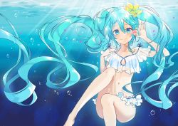 Rule 34 | 1girl, barefoot, bikini, blue eyes, blue hair, breasts, bubble, clam, cleavage, cleavage cutout, clothing cutout, collarbone, floating hair, flower, hair between eyes, hair flower, hair ornament, hatsune miku, holding, long hair, looking at viewer, navel, small breasts, smile, solo, swimsuit, underwater, very long hair, vocaloid, white bikini, wogura, yellow flower