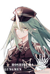 Rule 34 | 1girl, absurdres, aiguillette, arknights, bad id, bad pixiv id, black hat, black jacket, character name, chinese commentary, closed mouth, collared shirt, commentary request, epaulettes, expressionless, green hair, hat, highres, horns, hoshiguma (arknights), insignia, jacket, light particles, long hair, military hat, military jacket, pointy ears, scarlett 0125, shirt, signature, simple background, single horn, skin-covered horns, solo, upper body, white background, yellow eyes