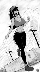 Rule 34 | abs, artist name, bare shoulders, baseball cap, breasts, cleavage, commission, commissioner name, crop top, dutch angle, full body, hat, high ponytail, highres, lamppost, large breasts, leggings, long hair, no socks, norman maggot, one eye closed, outdoors, road, running, solo, sports bra, street, toned, toned female