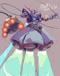 Rule 34 | aiming, aiming at viewer, armor, artist name, beam cannon, commentary request, dated, energy gun, glowing, glowing eye, grey background, gundam, lunamoon, mecha, mobile suit, mobile suit gundam, no humans, no legs, robot, simple background, thrusters, weapon, wire, zeong
