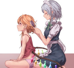 Rule 34 | 2girls, apron, bare arms, bare legs, bare shoulders, barefoot, blonde hair, bow, braid, brown background, brushing another&#039;s hair, brushing hair, camisole, closed eyes, closed mouth, dress, flandre scarlet, from side, green bow, hair bow, hair brush, hands up, holding, indian style, izayoi sakuya, looking up, multiple girls, no pants, panties, pointy ears, profile, puffy short sleeves, puffy sleeves, red eyes, roke (taikodon), short sleeves, silver hair, sitting, smile, spaghetti strap, striped clothes, striped panties, touhou, twin braids, two-tone background, underwear, waist apron, white background, wings