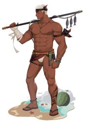 Rule 34 | 1boy, abs, absurdres, arm tattoo, bandaged arm, bandages, bara, biceps, black headband, blush, bulge, facial hair, fishing rod, food, fruit, full body, headband, highres, large pectorals, leg tattoo, looking at viewer, male focus, male swimwear, mature male, muscular, muscular male, navel, navel hair, nipples, original, pectorals, short hair, sideburns, solo, stomach, stubble, swim briefs, swimsuit, swimsuit under clothes, tattoo, thick thighs, thighs, topless male, tribal, watermelon, white background, white male swimwear, white swim briefs, zhuganchangjiadan