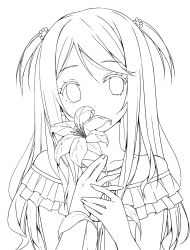 Rule 34 | 1girl, bare shoulders, covering own mouth, flower, frills, greyscale, hair ornament, highres, holding, holding flower, jewelry, kurumi (kantoku), leaf, lily (flower), lineart, long hair, looking at viewer, monochrome, necklace, original, sky-freedom, solo, transparent background, two side up