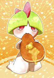 Rule 34 | 1other, artist name, blunt bangs, blush, bowl cut, butter, child, closed mouth, colored skin, creatures (company), eating, food, full body, game freak, gen 3 pokemon, green hair, hands up, heart, heart background, highres, holding, holding food, looking down, nintendo, orange background, orange outline, other focus, pancake, pokemon, pokemon (creature), ralts, red eyes, short hair, solo, standing, twitter username, watermark, white skin, yuri (fl0werspace)
