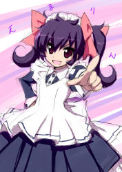 Rule 34 | 1girl, :d, akata itsuki, bow, fang, hair bow, hand on own hip, index finger raised, long hair, maid, maid headdress, open mouth, original, pointing, pointing at viewer, purple eyes, purple hair, sketch, smile, solo, twintails