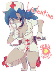 Rule 34 | 1girl, bad id, bad pixiv id, bandages, blue hair, body blush, breasts, character name, cleavage, copyright name, eyepatch, flats, gloves, hacksaw, hat, mask, medium breasts, mouth mask, nurse, nurse cap, pale skin, ponytail, rawan, red eyes, saw, simple background, skullgirls, solo, squatting, surgical mask, valentine (skullgirls), weapon, white background, white gloves