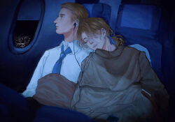 2boys airplane_interior axis_powers_hetalia blanket blonde_hair blue_eyes bow closed_eyes collared_shirt earphones france_(hetalia) germany_(hetalia) hair_bow hair_over_one_eye hair_slicked_back highres leaning_on_person long_sleeves male_focus medium_hair multiple_boys necktie ponytail shared_earphones shirt short_hair sitting sleeping sleeping_on_person white_shirt window xiwowangyi33