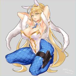 Rule 34 | 1girl, ahoge, animal ears, armpits, arms behind head, arms up, artoria pendragon (all), artoria pendragon (fate), artoria pendragon (swimsuit ruler) (fate), bare shoulders, blonde hair, blue necktie, blue pantyhose, blush, braid, breasts, cleavage, clothing cutout, detached collar, fake animal ears, fate/grand order, fate (series), feather boa, fishnet pantyhose, fishnets, french braid, green eyes, grey background, hair between eyes, highleg, highleg leotard, highres, holster, large breasts, leotard, long hair, looking at viewer, navel, navel cutout, necktie, pantyhose, parted lips, playboy bunny, ponytail, poriuretan, rabbit ears, sidelocks, simple background, smile, solo, squatting, thigh strap, thighs, tiara, white leotard, wrist cuffs