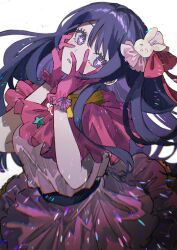 Rule 34 | 1girl, belt, black belt, blush, bow, dress, gloves, hair bow, hair ornament, hand on own face, highres, hoshino ai (oshi no ko), idol clothes, inu totemo, long hair, open mouth, oshi no ko, pink bow, pink dress, pink gloves, purple eyes, purple hair, rabbit hair ornament, solo, star-shaped pupils, star (symbol), symbol-shaped pupils, white background