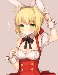Rule 34 | 10s, 1girl, ahoge, animal ears, bare shoulders, blonde hair, blush, breasts, cleavage, detached collar, dress, fate/extra, fate (series), green eyes, hair intakes, medium breasts, munuko, nero claudius (fate), nero claudius (fate) (all), nero claudius (fate/extra), o3o, rabbit ears, red dress, simple background, solo, upper body, wrist cuffs