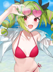 Rule 34 | 1girl, adjusting eyewear, beach, bikini, blurry, blurry background, breasts, breasts apart, collarbone, commentary request, delutaya, diagonal bangs, drill hair, eyewear on head, fang, green hair, green nails, hair ribbon, hatsuno xxx, heart, heart-shaped eyewear, highres, indie virtual youtuber, light blush, long hair, looking at viewer, multicolored hair, navel, ocean, open clothes, open mouth, open shirt, outdoors, pink hair, red bikini, red eyes, ribbon, running, see-through, see-through shirt, side-tie bikini bottom, sidelocks, small breasts, smile, solo, streaked hair, swimsuit, tinted eyewear, triangle hair ornament, twin drills, upper body, virtual youtuber