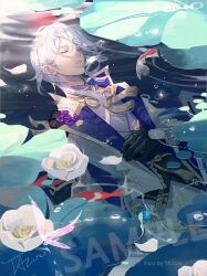 Rule 34 | 1boy, armor, artist name, black gloves, blue hair, closed eyes, collared jacket, commentary, eyelashes, fish, flower, genshin impact, gloves, gold trim, hair between eyes, hair over shoulder, half gloves, hand up, highres, in water, jacket, japanese armor, japanese clothes, kamisato ayato, kimono, koi, lapels, lily pad, long sleeves, lotus, male focus, medium hair, mole, mole under mouth, open clothes, open jacket, pants, parted bangs, parted lips, partially submerged, petals, purple kimono, rope, sample watermark, shoulder armor, sidelocks, signature, sode, solo, swept bangs, tassel, tazoo (yuicc930), vision (genshin impact), water, watermark, white flower, white jacket, white pants