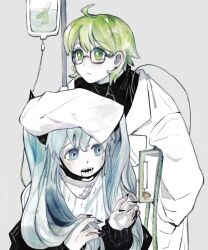 Rule 34 | 2girls, absurdres, black nails, food, fruit, glasses, gumi, hand on another&#039;s head, hatsune miku, highres, intravenous drip, lab coat, looking ahead, mask, mouth mask, multiple girls, neulbaram, open mouth, rope, saliva, sharp teeth, simple background, slow downer (vocaloid), strawberry, teeth, vocaloid, watercolor effect