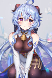 Rule 34 | 1girl, :&lt;, absurdres, ahoge, bell, black bodysuit, blue hair, blush, bodysuit, bow, breasts squeezed together, breasts, closed mouth, commentary, cowbell, detached collar, detached sleeves, expressionless, feet out of frame, flower knot, ganyu (genshin impact), genshin impact, goat horns, gold trim, grey background, hair between eyes, hair bow, highres, horns, light blue hair, long hair, looking at viewer, medium breasts, multicolored eyes, neck bell, orange eyes, pelvic curtain, purple eyes, sidelocks, sitting, skin tight, solo, symbol-only commentary, umishima rinta, vision (genshin impact)
