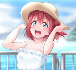 Rule 34 | 1girl, :d, blue sky, blurry, blurry background, blush, day, depth of field, dress, green eyes, hands on headwear, hands up, hat, highres, kurosawa ruby, looking at viewer, love live!, love live! sunshine!!, open mouth, railing, red hair, round teeth, short hair, sky, smile, solo, straw hat, sundress, teeth, twintails, upper body, upper teeth only, white dress, yopparai oni