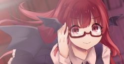 Rule 34 | 1girl, :&gt;, bat wings, bespectacled, black skirt, black vest, blurry, blurry background, closed mouth, fingernails, glasses, hand up, haya taro pochi, head wings, koakuma, looking at viewer, petticoat, red eyes, red hair, semi-rimless eyewear, skirt, solo, touhou, upper body, v-shaped eyebrows, vest, wing collar, wings