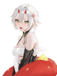 Rule 34 | 1girl, absurdres, azur lane, bare shoulders, detached collar, detached sleeves, hair between eyes, hair ornament, highres, horns, kinu (azur lane), looking at viewer, ohisashiburi, oni horns, open mouth, see-through, see-through silhouette, see-through sleeves, short hair, simple background, white background, white hair, yellow eyes