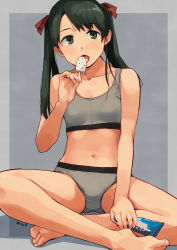 Rule 34 | 1girl, banned artist, barefoot, black hair, bra, breasts, crossed legs, eating, food, grey bra, grey panties, hair ribbon, kantai collection, long hair, makio (makiomeigenbot), mikuma (kancolle), open mouth, panties, popsicle, ribbon, signature, simple background, sitting, small breasts, solo, sports bra, twintails, underwear, underwear only, wrapper