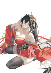 Rule 34 | 1girl, absurdres, azur lane, black hair, black thighhighs, breasts, chinese commentary, cleavage, closed mouth, cocktail dress, collarbone, commentary request, crossed bangs, dress, hand up, highres, huge breasts, japanese clothes, kimono, long bangs, long hair, long sleeves, looking at viewer, obi, off shoulder, pleated skirt, red eyes, red kimono, red skirt, sash, simple background, sitting, skirt, slit pupils, smile, solo, taihou (azur lane), thighhighs, very long hair, wariza, white background, wide sleeves, xinlingjitang