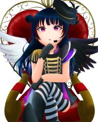 Rule 34 | 1girl, absurdres, artist name, artist request, asymmetrical wings, band uniform, belt, black footwear, black gloves, black hat, black legwear, black shirt, black skirt, black wings, blue hair, blush, boots, breasts, chair, collared shirt, crossed legs, epaulettes, female focus, fingerless gloves, frilled sleeves, frills, gloves, hair bun, hat, headphones, high heel boots, high heels, highres, in the unstabe world, in the unstabe world (love live!), long hair, looking at viewer, love live!, love live! school idol festival, love live! sunshine!!, microphone, mini hat, miniskirt, mismatched wings, on chair, parted lips, pink eyes, plaid, plaid skirt, pleated, pleated skirt, purple eyes, purple skirt, shirt, short sleeves, shoulder pads, side bun, single hair bun, sitting, skirt, small breasts, smile, solo, striped legwear, tsushima yoshiko, white background, white belt, white legwear, white wings, wings