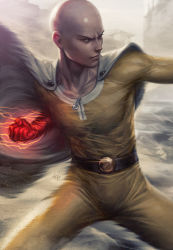 Rule 34 | 1boy, bald, cape, fighting stance, flaming hand, highres, male focus, one-punch man, realistic, saitama (one-punch man), serious, signature, solo, stanley lau