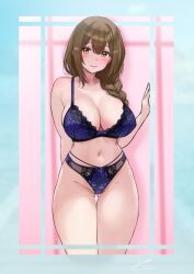 Rule 34 | 1girl, arm behind back, bare shoulders, blue bra, blue panties, blush, bra, braid, breasts, brown hair, c (theta), cleavage, closed mouth, collarbone, cowboy shot, dot nose, double-parted bangs, eyelashes, hand on wall, highres, idolmaster, idolmaster shiny colors, idolmaster shiny colors song for prism, kuwayama chiyuki, large breasts, lingerie, long hair, looking at viewer, navel, panties, single braid, solo, standing, straight hair, underwear