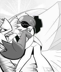 Rule 34 | 1girl, antennae, arm up, black eyes, creatures (company), emphasis lines, female focus, game freak, gardevoir, gen 3 pokemon, greyscale, hair over one eye, highres, loveboxf, monochrome, motion lines, nintendo, open mouth, outstretched arm, pokemon, pokemon (creature), short hair, smile, solo, standing, unusual pupils